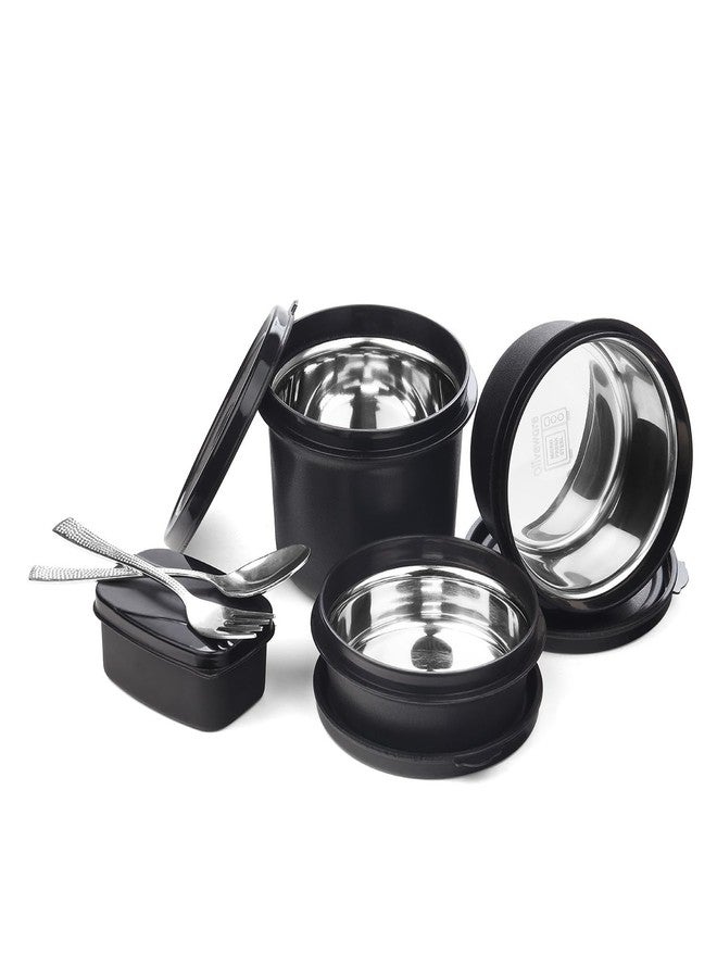 SOPL-OLIVEWARE علبة غداء SOPL-OLIVEWARE الفاخرة، آمنة للاستخدام في الميكروويف، تحتوي على 3 حاويات داخلية من الفولاذ المقاوم للصدأ مع أغطية خالية من مادة BPA (290 مل، 450 مل، 600 مل)، وعلبة مخلل بلاستيكية (130 مل)، وأدوات مائدة من الفولاذ المقاوم للصدأ - أسود - Image 5